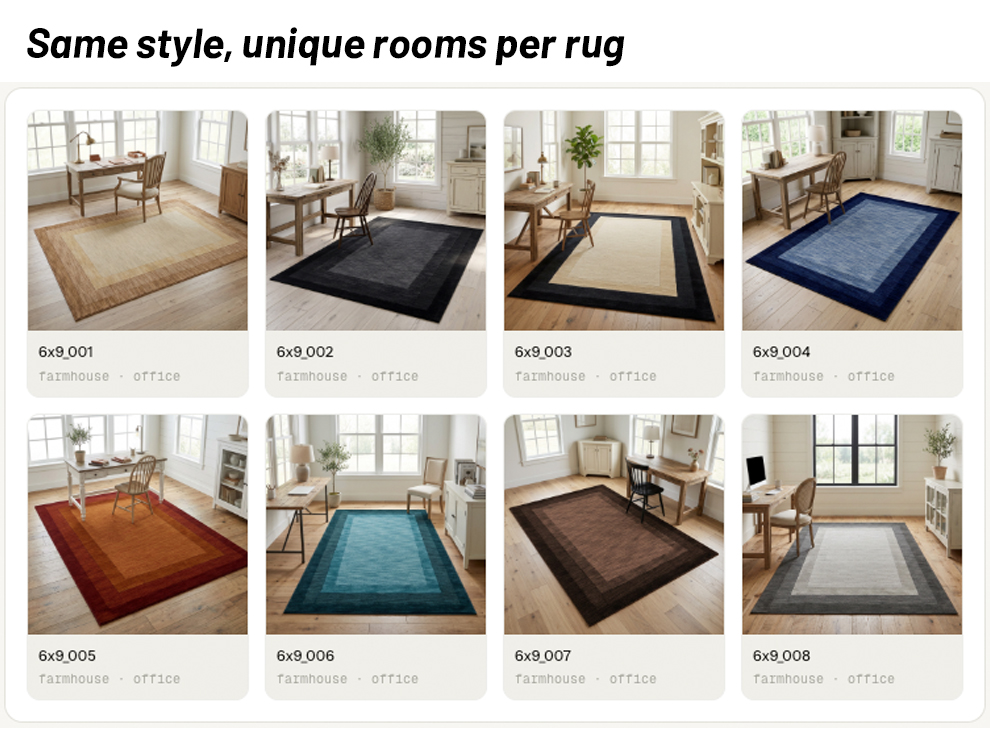 Batch-generated rug roomshots shown as a catalog image set