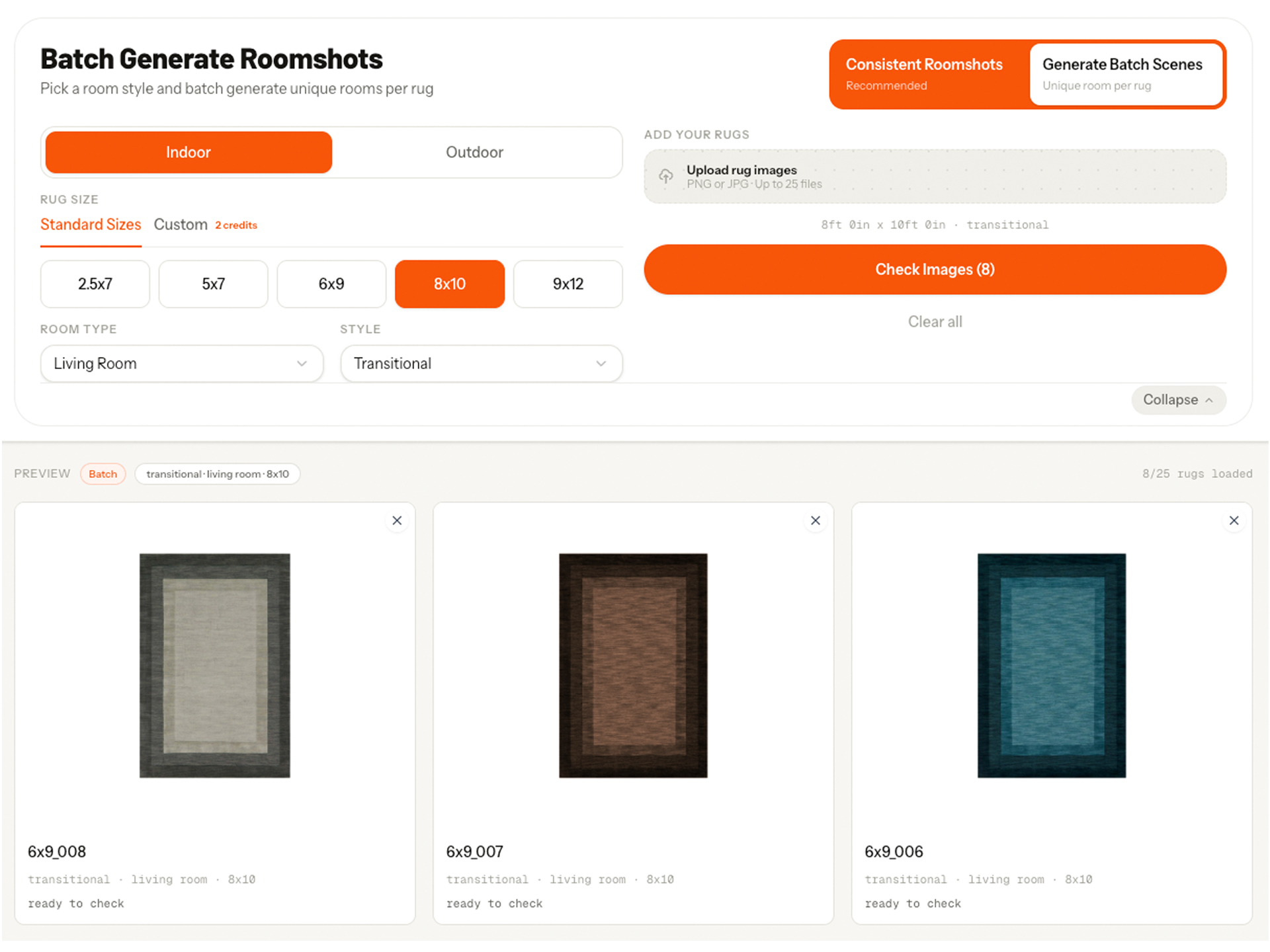 Batch upload queue for multiple rug roomshots
