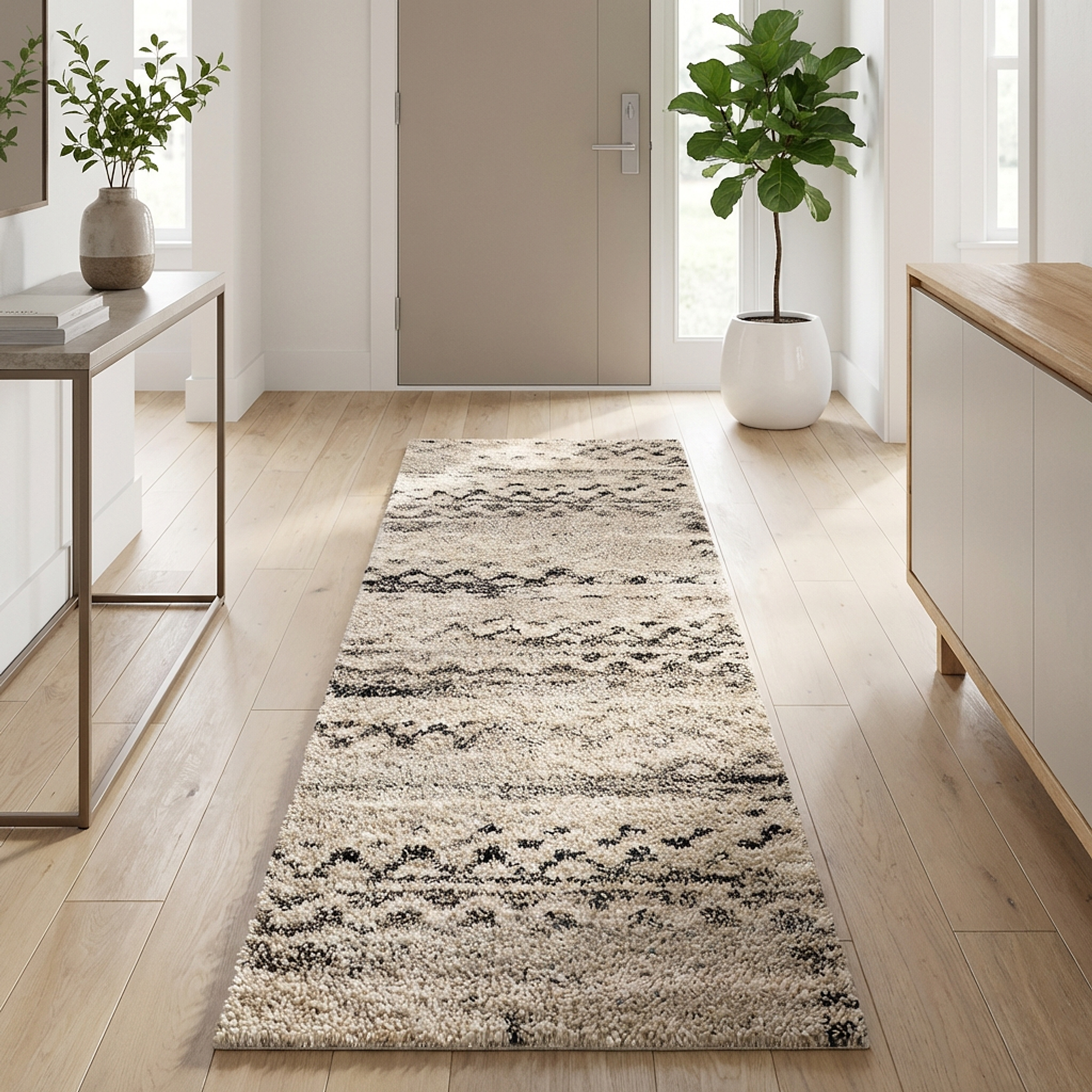 Runner rug transformed from product image to entryway room scene