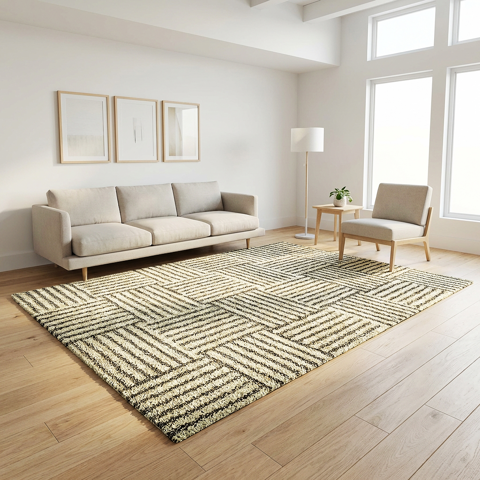 Shag rug transformed from product image to living room scene