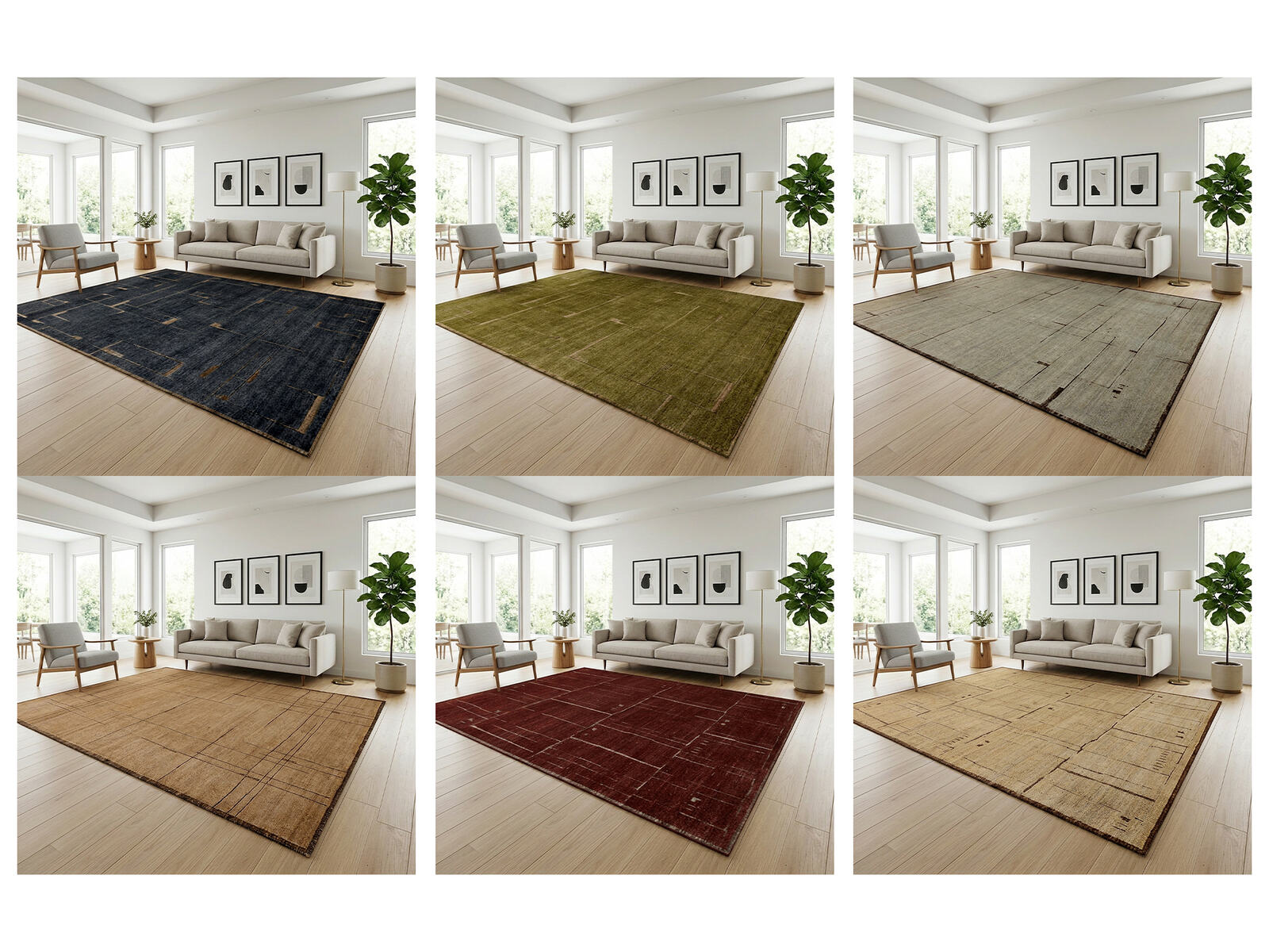 Six consistent roomshots showing different rugs in the same room setup