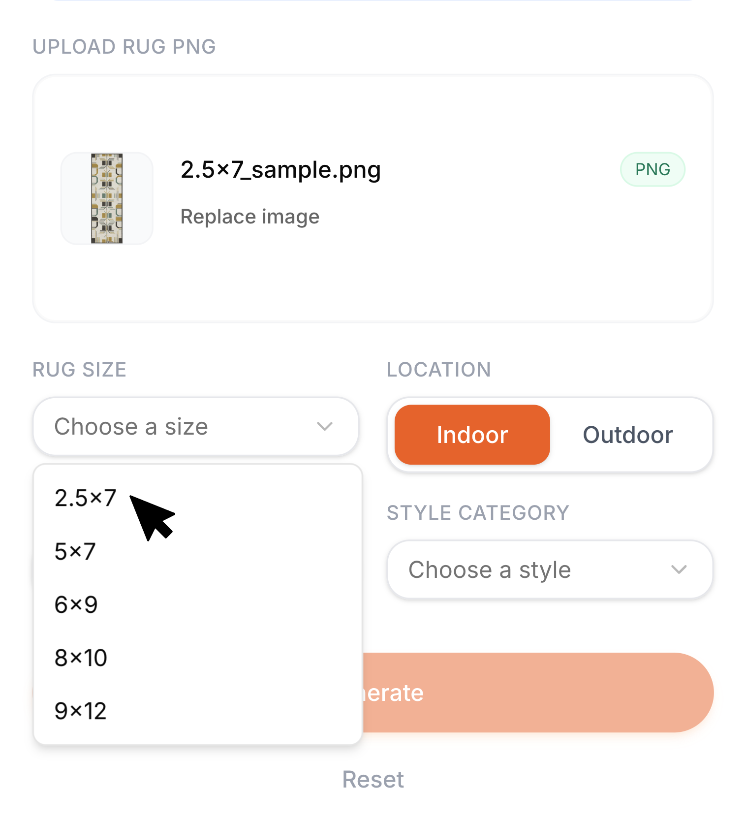 Upload your rug image + select the size