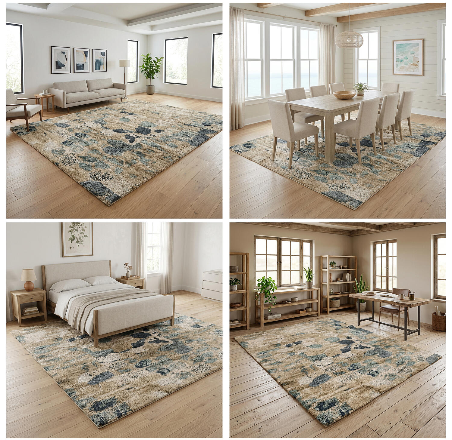 Four generated rug roomshots showing single-rug catalog variety