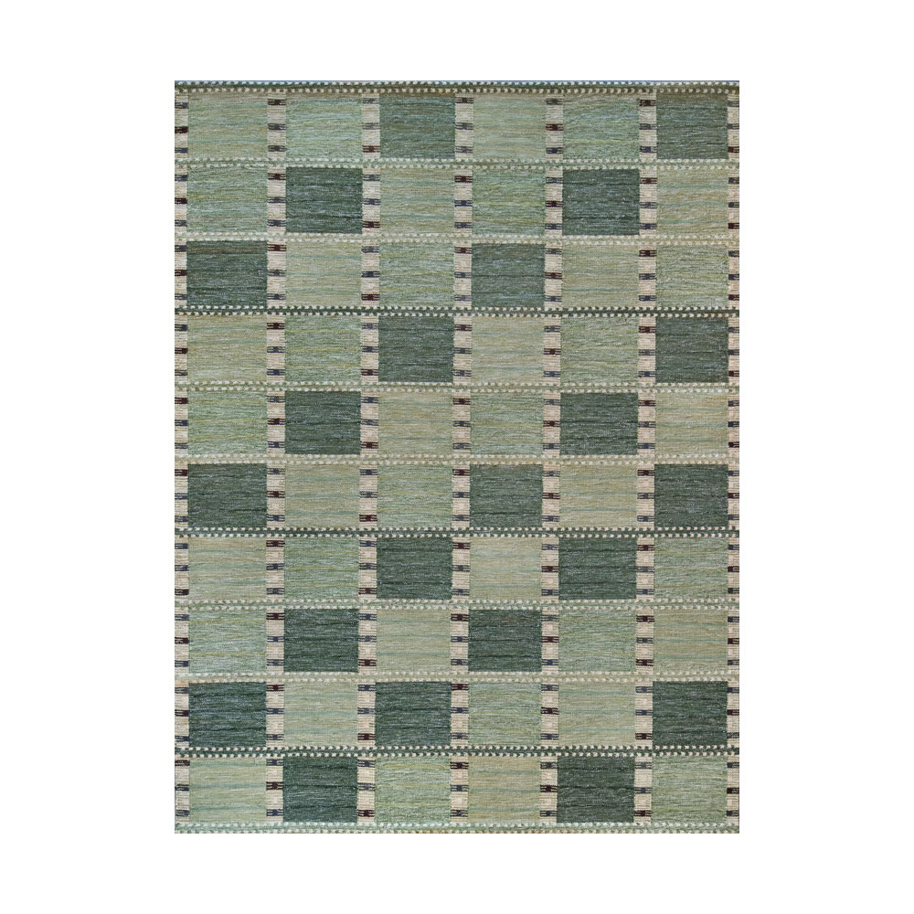 Green geometric patterned rug product shot with checkerboard design