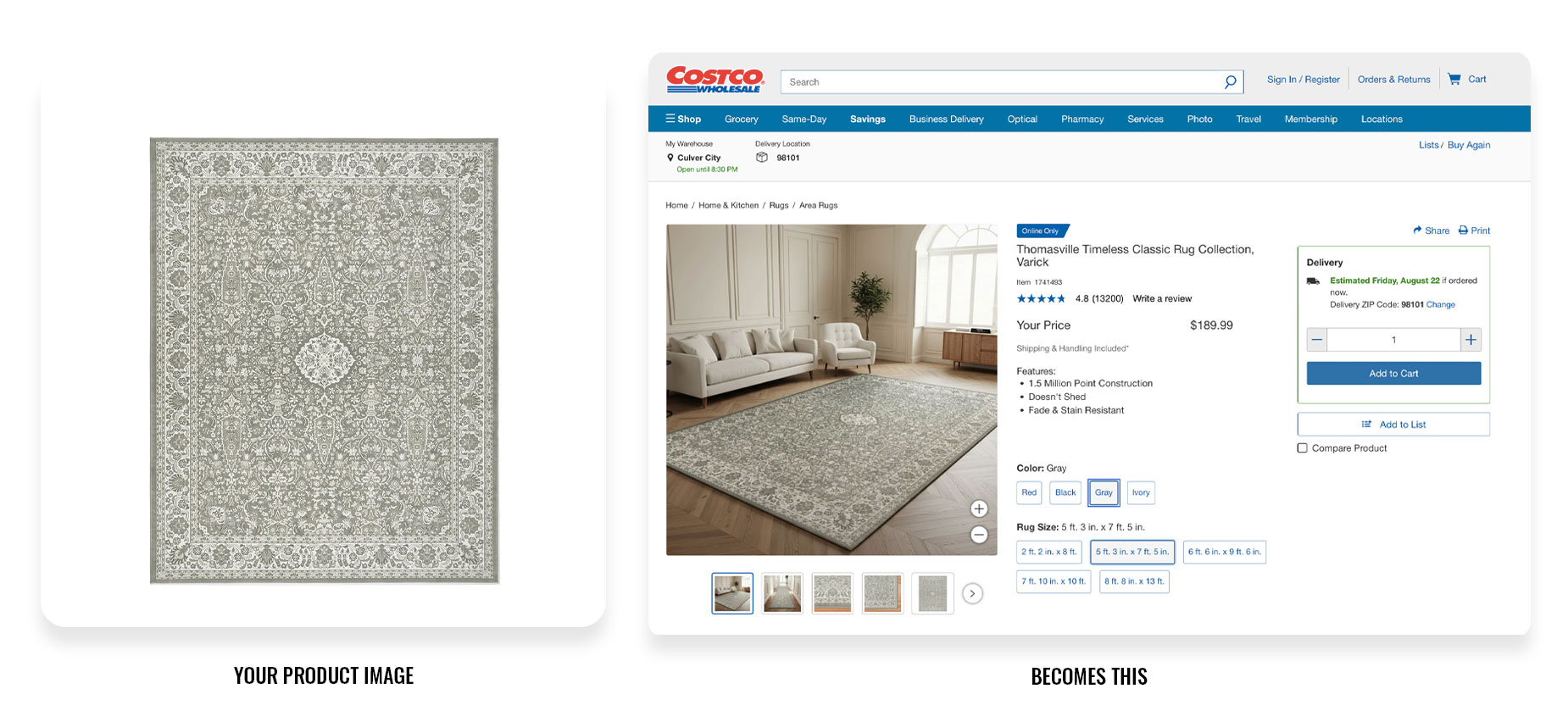 Costco product page showing Thomasville Timeless Classic Rug Collection in styled living room